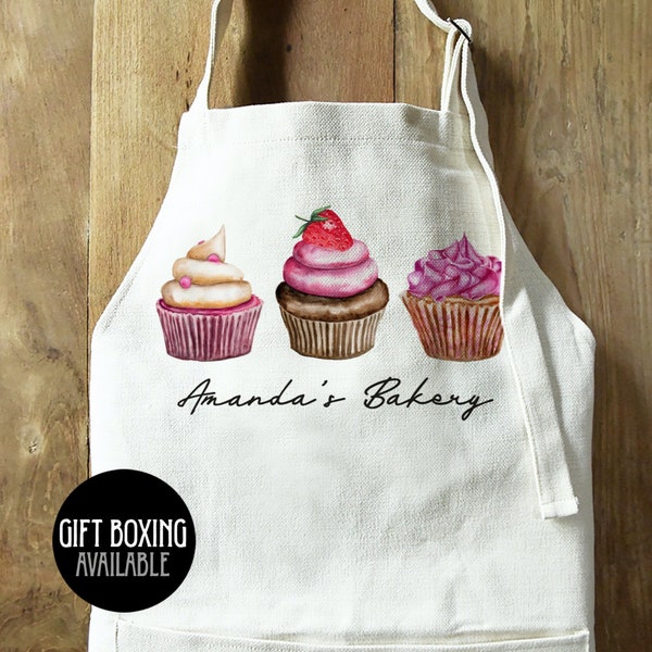 Tablier Cupcake personnalisé pour la Saint-Valentin, tablier en lin de boulangerie personnalisé avec poches, boîte-cadeau personnalisée de tablier de boulanger, option de boîte-cadeau