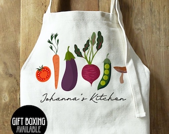 Custom Vegetable Row Apron, Personalized Vegetable Chef Linen Apron with Pockets, Personalized Veggie Chef Apron Gift Box, Gift Box Option