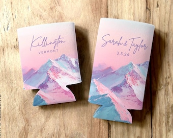 Personalized Mountain Can Cooler Cozie - Custom Ski Trip Wedding Favors
