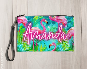 Tropical Flamingo Theme Party Favor Makeup Pouch with Custom Names Zipper Bag Bridesmaid Gift for Bachelorette Party Gift Day of Wedding