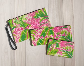 Personalized Zipper Pouch - Custom Name Makeup Bag - Green and Pink Preppy Tropical Canvas Bag - Makeup Pencil and Coin Pouch Sizes