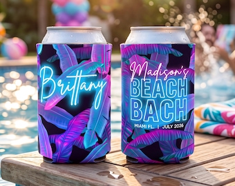 Custom Can Cooler, Tropical Neon Palm Leaf Design, Personalized Bachelorette Favor - Slim & Standard