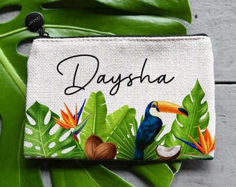 Toucan Bird of Paradise Tropical Coconut Palm Leaf Makeup Bag,Custom Bridesmaid Makeup Bag,Personalized Cosmetic Bag,Custom Bridesmaid Gift