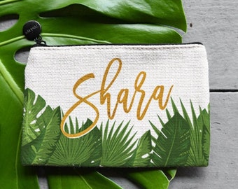 Palm Leaf with Gold Personalization Bridesmaid Bag, Personalized Makeup Bag, Coin Purse or Custom Jewelry Gift Bag, Custom Bridesmaid Gift