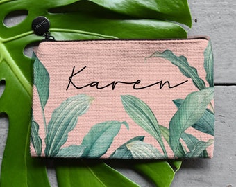 Pale Pink Tropical Palm Leaves Cosmetic Bag, Bridesmaid Bag, Personalized Makeup Bag, Coin Purse, Custom Bridesmaid Gift, Bridal Party Gift