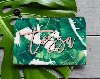 Borsa cosmetica con testo rosa a foglia di palma, borsa per il trucco, borsa per il trucco personalizzata per damigella d&#39;onore, borsa cosmetica personalizzata, damigella d&#39;onore personalizzata, regalo per damigella d&#39;onore