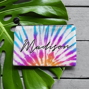 Tie Dye Custom Cosmetic Bag with Names Bridesmaid Bag, Personalized Makeup Bag, Coin Purse or Custom Jewelry Gift Bag,Custom Bridesmaid Gift image 1