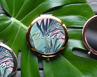 Custom Miami Palm Leaf Compact Mirror, Custom Name Compact Mirror, Custom Bridesmaid Gift, Personalized Gift For Her