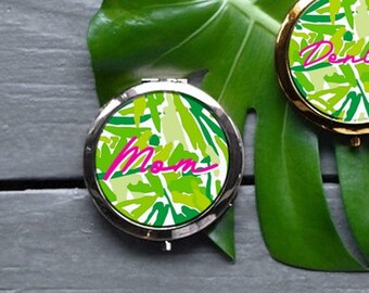 Abstract Palm Leaf Hot Pink Text Custom Compact Mirror, Custom Name Compact Mirror, Custom Bridesmaid Gift, Personalized Gift For Her