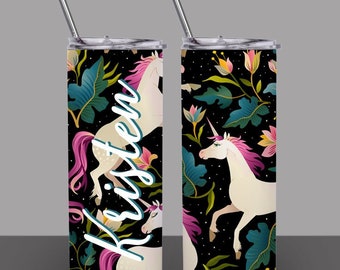 Unicorn Floral Print Skinny Tumbler, Custom Bachelorette Party 20 oz. Tumbler, Personalized Bridesmaid Tumbler with straw and lid