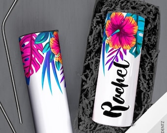 Tumbler tropicale personalizzato, Tumbler damigella d'onore, Tumbler personalizzato, Foglia di palma ibisco, Tumbler sottile, Personalizzato, Tazze da addio al nubilato, Bicchieri personalizzati