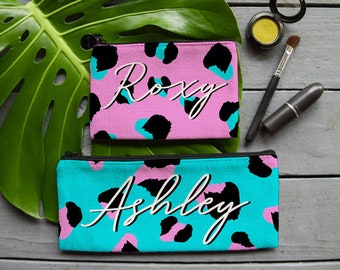 Cheetah Print Custom Cosmetic Bag, Personalized Makeup Pouch