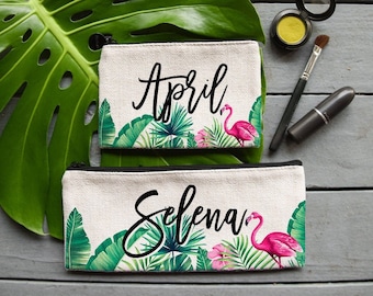 Flamingo Hibiscus Palm Leaf Cosmetic Bag, Bridesmaid Bag, Personalized Makeup Bag, Coin Purse, Custom Bridesmaid Gift, Bridal Party Gift