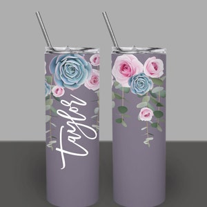 Rose and Succulent Bridesmaid Tumblers, Bridesmaid Cups, Personalized Tumblers, 20oz. Skinny Tumblers with straw and lid, Bridesmaid gifts