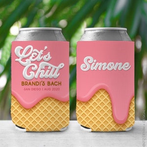 May include: Two pink and white can coolers with a waffle cone design. One cooler says "Let's Chill Brandi's Bach San Diego | Aug 2020" and the other says "Simone".