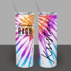 Custom Tie Dye 20oz Skinny Tumblers, Summer Birthday or Bachelorette Party Tumbler, Personalized Bridesmaid Custom Tumbler with straw lid