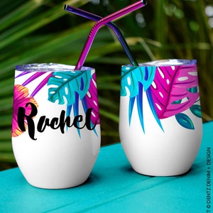 Personalized Wine Tumbler, Bridesmaid Tumbler, Tropical Floral, Personalized Tumbler, with Lid and Straw, Custom Drinkware, Tropical Tumbler