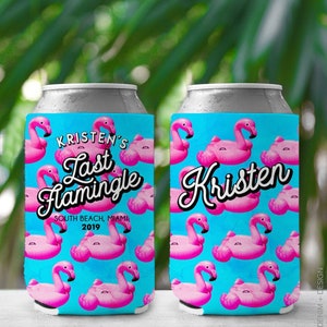 May include: Two pink and blue can coolers with a flamingo pattern. One cooler says "Kristen's Last Flamingle South Beach, Miami 2019". The other cooler says "Kristen".