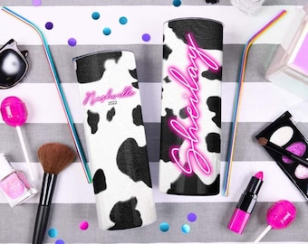 Cow Print Custom Tumbler, Custom Cow Pattern Bridesmaid Skinny Tumbler, Personalized Tumbler,Bridesmaid Gift,Custom Drinkware