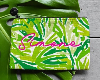 Preppy Tropical Palm Leaf with Pink Custom Text Makeup Bag, Bridesmaid Pouch, Custom Makeup Bag, Coin Purse, Personalized Cosmetic Bag