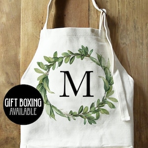 Garden Wreath with Initial Custom Linen Kitchen Apron, Custom Cooking Apron with Pocket, Personalized Christmas Gift Box wrapped Chef Apron