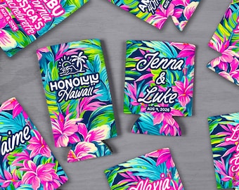 Tropical Can Cooler - Hawaiian Floral Beach Bachelorette Wedding Favor