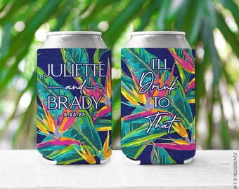 Bird of Paradise Cozies Tropical Floral Wedding Favor Slim Seltzer Cozies and Standard Can Cooler for Birthday Wedding Bachelorette or Event