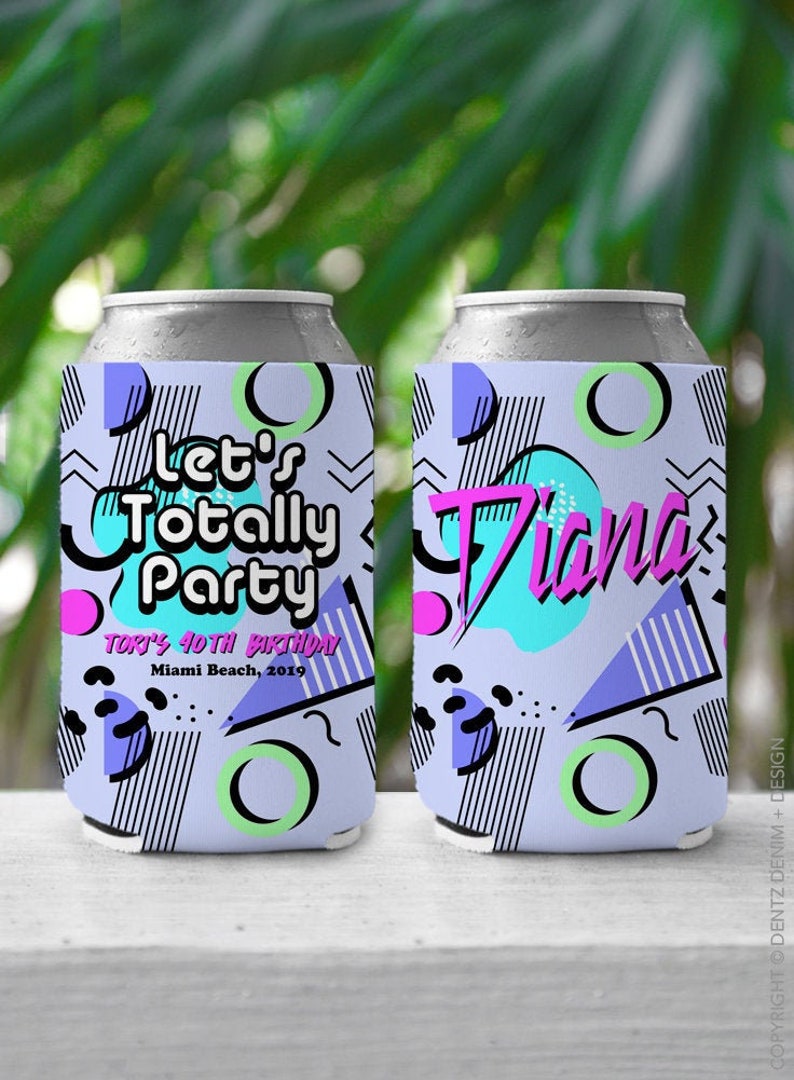 May include: Two blue and white can coolers with a geometric pattern. One cooler says "Let's Totally Party" and the other says "Diana".
