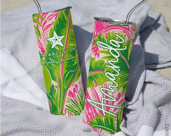 Custom Preppy Pink and Green Tropical Personalized Tumbler - 20 oz Skinny Tumbler Gift Box Option - Bachelorette Gift - Party Favor Tumblers