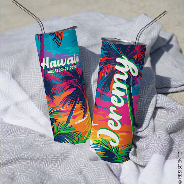 Tropical Palm Summer Personalized Tumbler, 20 oz Skinny Tumbler Hawaii Design, Bridesmaid Tumbler, Bachelorette Party Favors, Beach Tumblers