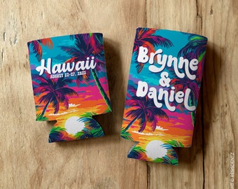 Custom Tropical Sunset with Ocean and Palm Trees Can Coolers - Beach Wedding Favors - Personalized Drink Cozies - Slim and Standard Cozies