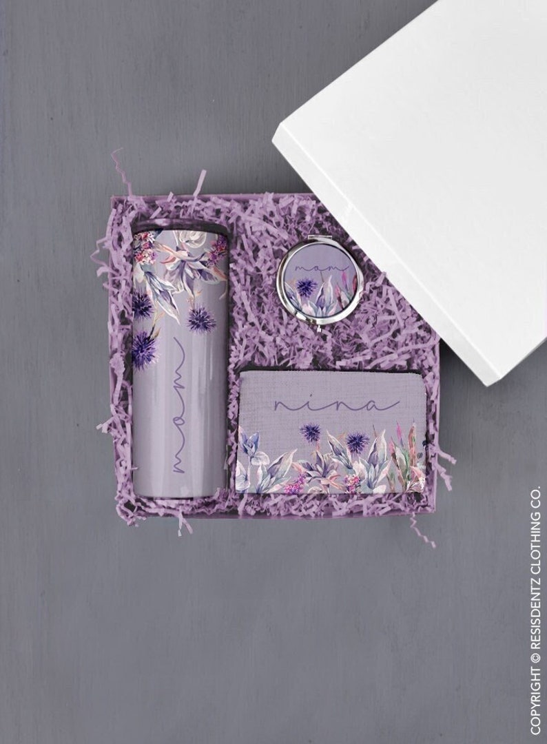 Lavender Floral Mother's Gift Box Set, Gift set for Mom Custom Pouch Compact Mirror and Personalized 20oz. Skinny Tumbler, Birthday Gift 