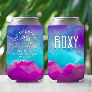 The Mountains are Calling Custom Woodsy Can Cooler, Custom Mountain Wedding Favor Can Cooler, Custom Mountain Bachelorette Party Can Cooler,