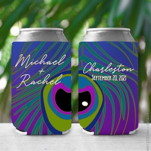 Peacock Feather Wedding or Bachelorette Can Cooler, Custom Peacock Wedding Favor Can Cooler, Custom Peacock Bachelorette Party Can Cooler,