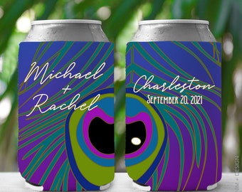 Peacock Feather Wedding or Bachelorette Can Cooler, Custom Peacock Wedding Favor Can Cooler, Custom Peacock Bachelorette Party Can Cooler,