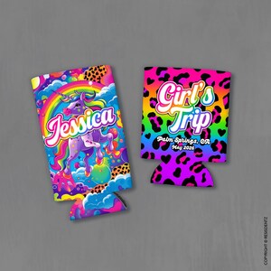May include: Two colorful can coolers. One features a unicorn with the name "Jessica" and a rainbow. The other says "Girl's Trip" with "Palm Springs, CA May 2026" on a leopard print background.