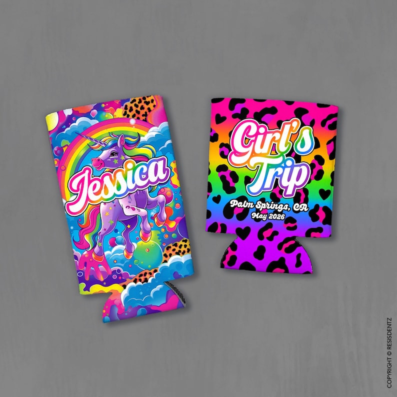 May include: Two colorful can coolers. One features a unicorn with the name "Jessica" and a rainbow. The other says "Girl's Trip" with "Palm Springs, CA May 2026" on a leopard print background.