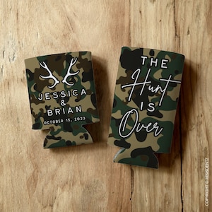 Camo Wedding Favors - The Hunt Is Over - Custom Wedding Favor Cozies Can Coolers - Personalized Custom Text for Event - Custom Drinkware