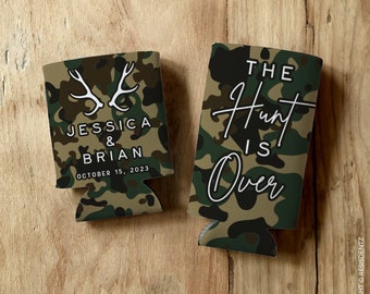 Camo Wedding Favors - The Hunt Is Over - Custom Wedding Favor Cozies Can Coolers - Personalized Custom Text for Event - Custom Drinkware