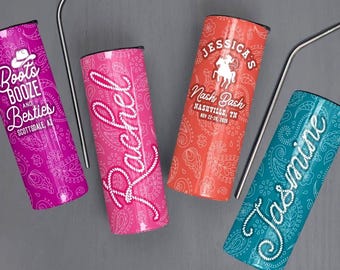 Bicchieri per feste Western Last Rodeo - Bicchieri personalizzati per addio al nubilato - Bomboniere personalizzate per damigelle d'onore - Bicchiere sottile in acciaio inox con cannuccia