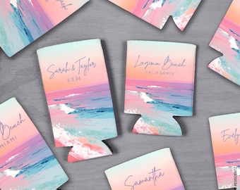 Personalized Pastel Beach Can Cooler Cozie - Custom Coastal Wedding Favors