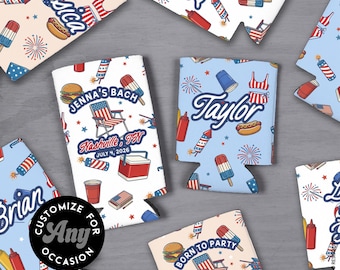 4th of July Can Cooler Patriotic BBQ Can Cozie – Custom Event Party Favors - Drink Coolers