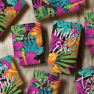 Custom Cozie Wedding Favors - Tropical Hawaiian Hybiscus Can Coolers - Can Coolers Party Favors - Personalized Drink Cozies image 1