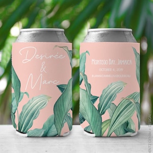 Pale Pink Tropical Leaf Can Cooler, Custom Wedding Can Cooler, Personalized Can Cooler, Wedding Favor,Tropical Wedding,Custom Cozie,Slim Can