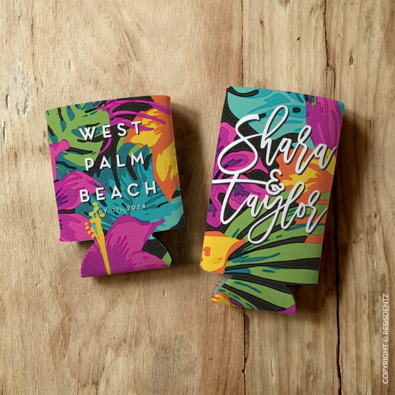 Custom Cozie Wedding Favors - Tropical Hawaiian Hybiscus Can Coolers - Can Coolers Party Favors - Personalized Drink Cozies image 2
