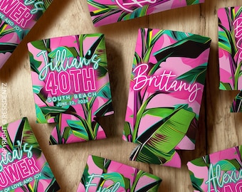 Custom Cozie Wedding Favors - Neon Tropical Palm & Banana Leaf Can Coolers - Personalized Cozies