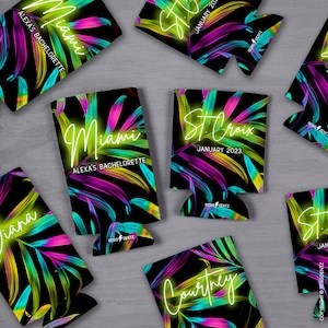 Neon Lime Iridescent Palm Can Coolers for Bachelorette Party Favors, Personalized Can Coolers for Birthday or Events, Slim and Standard Size