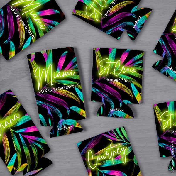 Neon Lime Iridescent Palm Can Coolers for Bachelorette Party Favors, Personalized Can Coolers for Birthday or Events, Slim and Standard Size