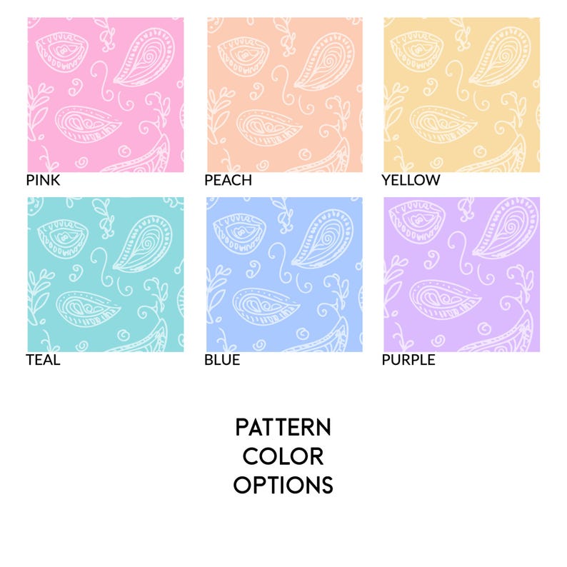 May include: Six different colour options for a paisley pattern. The colours are pink, peach, yellow, teal, blue, and purple.