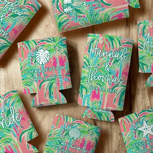 Palm Tree Cozies Preppy Wedding Favor Pink and Green Cozies Slim Seltzer Cozies Standard Can Cooler  Birthday Wedding Bachelorette or Event